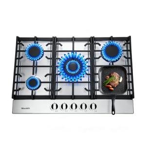 Gas Cooktop Stove 30 Inch Built-in Gas Stove Top with 5 Burners 33200 BTU,LPG/NG Dual Fuel,Auto Ignition,Thermocouple Protection,Stainless Steel,Heavy Duty Cast Iron Grates for Kitchen