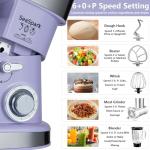 SeaSpark Multifunctional Stand Mixer, 6 in 1 Stand Mixer, 6.3Qt Tilt-head, Standing Mixer with Stainless Steel Bowl, Meat Grinder, Juice Blender, for professional Baking and Most Home Cooks, Purple