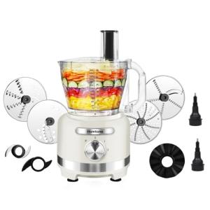 Homtone 16-Cup Food Processor, Heavy-Duty 9-Function Appliance with 7 Blades & 3 Speeds for Dough Kneading, Meat Chopping, Slicing, Shredding & Making French Fries, 600W (White)