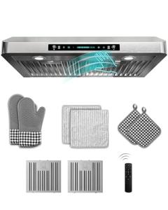 FlyPine 30 inch Stainless Steel Under Cabinet Range Hood - 900 CFM, Gesture Control, Ultra-Quiet 4-Speed Vent, LED Lights, External Venting