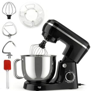 Electric Stand Mixer with 6.5QT Bowl with Handle, Kitchen Mixer with Tilting Head for Bread Dough and Cake with Dough Hook, Whisk, Splash Guard and Egg Separator (Black)