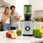 NEWBULIG Cold Press Juicer Machines, Masticating Juicer with High Juice Yield, Reverse Function, Stops Oxidation and Easy to Clean for Vegetables & Fruits, Silver