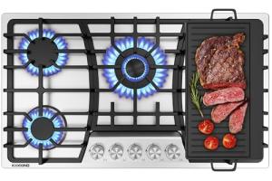 KOXKING 36 Inch Gas Cooktop with Griddle, Gas Stove Top with 5, Reversible Cast Iron Grill/Griddle, NG/LPG Convertible, with Thermocouple Protection, Stainless Steel