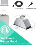 FlyPine 36 inch Stainless Steel Insert Range Hood - 900 CFM, Gesture Control, Ultra-Quiet 4-Speed Vent, LED Lights, Ducted/Ductless Convertible