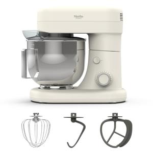 Martha Stewart  Tilt-Head Stand Mixer, 12 Speed, 5.3QT Stainless Steel Bowl, Splash Guard with Pour Chute, Whisk, Dough Hook, Flat Beater, Electric Kitchen Baking Mixer, Bread, Cake, Whip, Linen White