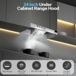 Zomagas 24 inch Range Hood Under Cabinet, Stainless Steel Kitchen Hood 280CFM, Ducted/Ductless Vent Hood with Rocker Button Control, Stove Hood with 2 Speeds Fan, Bright LED Light