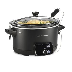 Hamilton Beach Ready, Set, Dinner Programmable Slow Cooker 6 Quart With Temperature Probe, Defrost Function, Clip-Tight Lid For Mess-Free Travel, Dishwasher-Safe Stoneware Crock, Matte Black (33868)
