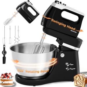 Stand Mixer Electric Kitchen Mixer, 4.8 QT Auto-Rotating Bowl & Beater Tilt-Head 2-IN-1 Standing Hand Mixer, 250 Watt 5-Speed with Turbo Boost Household Mixer with Beaters & Dough Hooks for Baking