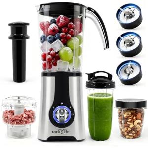 Rockxlife Blenders and Food Processor Combo for Kitchen, 13Pcs 4 in 1 Blender for Shakes and Smoothies,17oz Meat Grinder baby food&10oz Spice Grinder 42oz Family&24oz to-go Cups,Dishwasher Safe,Silver