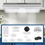 30 Inch Under Cabinet Range Hood, Stainless Steel Kitchen Vent Hood, Ducted/Ductless Convertible, 3-Speed Fan Controls, LED Lights, 2 Dishwasher-Safe Aluminum Filters