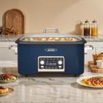 SUNVIVIPRO 12-in-1 Programmable Slow Cooker Roaster Oven, 8 Quart Digital Multi-Cooker Food Warmer with Timer, Temp Control & Auto Shut Off, Removable Non-Stick Pot, Dishwasher-Safe Glass Lid, Blue