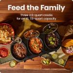 Chefman Triple Slow Cooker & Food Warmer, Three Crock Slowcooker with 2.5 Qt. Ceramic Crocks, 7.5-Quart Total Capacity, PFAS-Free, Three Temperature Settings, Dishwasher-Safe Parts – Stainless Steel