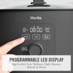 Martha Stewart 8 QT Slow Cooker, Programmable with Timer, 3 Heat Settings (Low, High, Warm), Nonstick Ceramic Removable Crock, Stovetop & Oven Safe, Glass Lid, Simmer, Reheat, Warm, Caviar