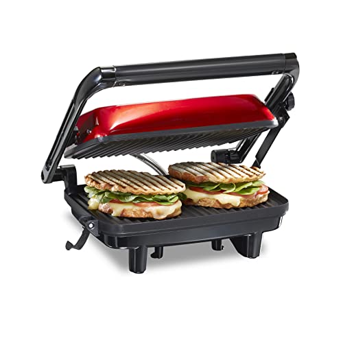 Hamilton Beach Panini Press Grill, Red, Nonstick Grids