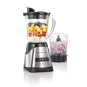 Hamilton Beach Power Elite Blender for Smoothies with 3-Cup Vegetable Chopper Mini Food Processor, 40oz Glass Jar, 12 Functions for Puree, Ice Crush, Black and Stainless Steel (58149)