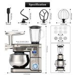 6-IN-1 Stand Mixer, LCD Display Kitchen Electric Mixer, 6.5QT Stainless Steel Bowl, Multi-Function Kitchen Blender With Dough Hook, Whisk, Beater, Meat Grinder, Splash Guard