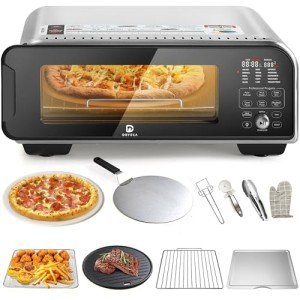 Electric Timed Pizza Oven Heats up to 800℉, Makes 12 Inch Pizzas in Minutes, Countertop Oven with 15 Functions and 10 Accessories for Multi-functions, Stainless Steel