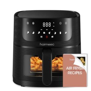 HAIMEEC Air Fryer 8-in-1 with 4.2 Qt Capacity and Easy View Windows, Max 400F, 95% Less Oil, 100+ Recipes, Shake Reminder, Nonstick Basket for Roast, Bake, Dehydrate, Reheat, Broil-CE01