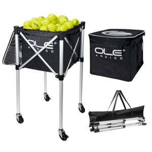 OLE ANDIGO Tennis Balls Hopper Tennis Ball Basket with Side Pockets Lightweight Tennis Ball Cart Holds 160 Balls, Portable Sports Teaching Cart with Wheels for Tennis Player (Tennis Ball Cart)