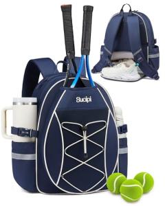 Sucipi Tennis Bag for Kids, Professional Youth Tennis Bag Backpack to Hold 2 Rackets, Tennis Christmas Gifts for Boys Girls, Navy Blue