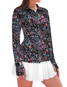 IECCP Long Sleeve Shirts for Women UPF 50+ Sun Protection Golf Tennis Shirts Sunmer Quick Dry Workout Tops Lightweight Running Clothes (Boho Black,XXL)