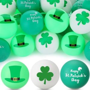 Soulchen 24 Pcs St Patrick's Day Table Tennis Balls Bulk 40 mm Shamrock Clover Green Hat Table Tennis Ball Novelty Funny Balls Toys Accessories for St Patricks Day Game Birthday Gift Party Decoration