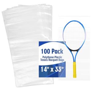 Skylety 100 Pack Disposable Plastic Tennis Racquet Bags Bulk Clear Polythene Tennis Rackets Storage Cover Bag 14" x 33" for Standard Rackets Sport Team Coach Club Supply Equipment Protection