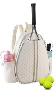 Lufstd Tennis Bags for Women, Quilted Tennis Sling Crossbody Backpack with Hook, Water Resistant Tennis Racket Bags Suitable for Pickleball Badminton, Beige