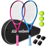 AboveGenius Neon Pink & Blue Tennis Rackets 2 Pack for Adults- 27" Lightweight Aluminum Tennis Racquet Set with 3 Balls & Bag - Stylish Matte Pop-Color Starter Kit for Couples & Friends