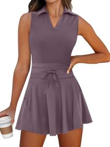 Caracilia Womens Golf Tennis Dress 2 Piece Sets Polo Neck Sleeveless Workout Athletic Summer Mini Dresses with Shorts Pockets Large