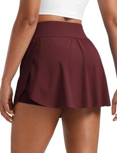 CRZ YOGA High Waisted Side Slit Tennis Skirts for Women - Mini Lined A Line Running Athletic Skort with Inner Pockets Red Merlot Medium