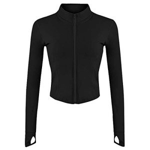 Gihuo Women's Athletic Full Zip Lightweight Workout Jacket Cropped Gym Yoga Track Jacket with Thumb Holes (Black, Medium)
