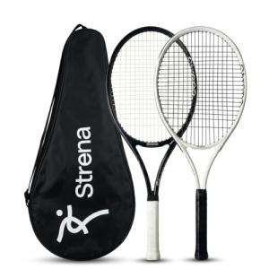 Strena 2-Player Tennis Racket Set - Aluminum Adult Racquets (27 Inch) with Carry Bag - Lightweight Recreational Starter Kit - Grip Size 4 1/4 - Black & White Split Design