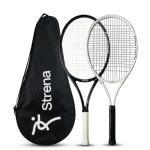 Strena 2-Player Tennis Racket Set - Aluminum Adult Racquets (27 Inch) with Carry Bag - Lightweight Recreational Starter Kit - Grip Size 4 1/4 - Black & White Split Design