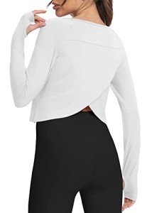 Bestisun Long Sleeve Workout Dance Clothes Split Back Gym Tennis Sports Training Wear Fitness Crop Tops White M
