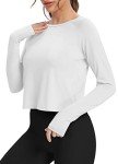 Bestisun Long Sleeve Workout Dance Clothes Split Back Gym Tennis Sports Training Wear Fitness Crop Tops White M