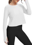 Bestisun Long Sleeve Workout Dance Clothes Split Back Gym Tennis Sports Training Wear Fitness Crop Tops White M
