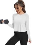 Bestisun Long Sleeve Workout Dance Clothes Split Back Gym Tennis Sports Training Wear Fitness Crop Tops White M