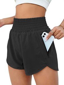 BMJL Women's Athletic Shorts High Waisted Running Short Pocket Sporty Shorts Gym Elastic Workout Shorts(L,Black)