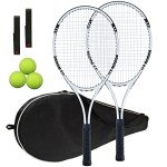 Tennis Rackets 2 Players Recreational for Adult,Lightweight Tennis Racquets for Beginner Student Training,Tennis Racket Set with Carrying Cover Bag,Grip Tapes,Tennis Balls (White/Black -2 Rackets Set)