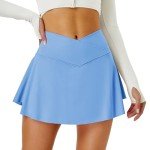 DLOODA Tennis Skirt for Women with Pockets Shorts Crossover High Waisted Athletic Golf Skorts Running Workout Skirts 2 in 1 Sky Blue