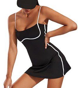 Move With You Womens Workout Tennis Dress with Built-in Bra & Shorts Pockets Sleeveless Exercise Golf Dresses(Black,S1)