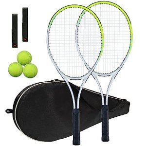 Tennis Racket Pre-Strung Lightweight 27 Inch Racquet Recreational Adult Rackets for Men Women Students Training Tennis Starter Kit with Balls,Carry Bag and Overgrips (Green/White - 2 Rackets)