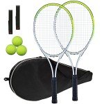Tennis Racket Pre-Strung Lightweight 27 Inch Racquet Recreational Adult Rackets for Men Women Students Training Tennis Starter Kit with Balls,Carry Bag and Overgrips (Green/White - 2 Rackets)