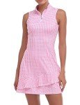 Tennis Dress for Women Classic Golf Outfits Sleeveless Athletic Dresses with Pockets and Shorts Zip Up Stand Collar Lightweight for Pink Houndstooth-S