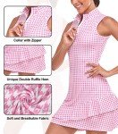 Tennis Dress for Women Classic Golf Outfits Sleeveless Athletic Dresses with Pockets and Shorts Zip Up Stand Collar Lightweight for Pink Houndstooth-S