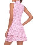 Tennis Dress for Women Classic Golf Outfits Sleeveless Athletic Dresses with Pockets and Shorts Zip Up Stand Collar Lightweight for Pink Houndstooth-S