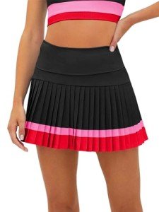 Fisoew Women's High Waisted Tennis Skirts Color Block Pleated Athletic Golf Skorts with Built in Shorts Black