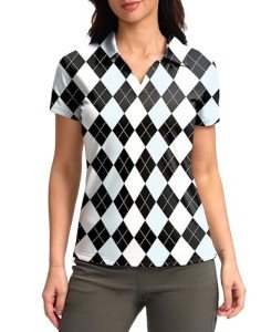 SANTINY Women's Golf Shirt Collared V-Neck Casual Work Tennis Tops UPF50+ Collared Polo Shirts for Women (Black Argyle_XXXL)