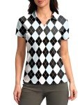 SANTINY Women's Golf Shirt Collared V-Neck Casual Work Tennis Tops UPF50+ Collared Polo Shirts for Women (Black Argyle_XXXL)
